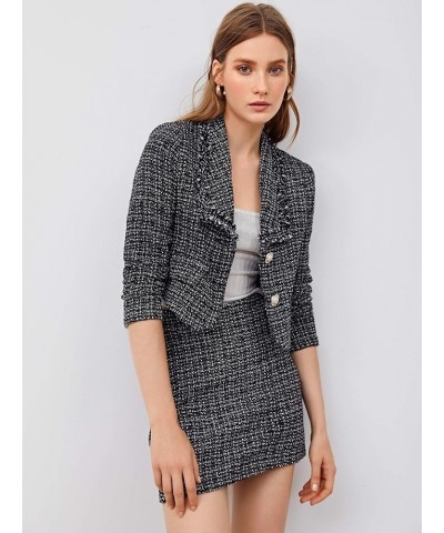 Women's Business Suit 2 Pieces Tweed Blazer Jacket Coat and Skirt Set Black 1 $28.82 Suits