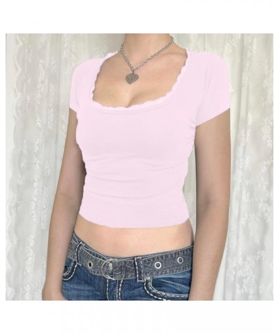 Women Y2k Crop Top Short Sleeve Summer Casual Vintage Cropped Tee Slim Fit Scoop Neck E-Girls T-Shirt Streetwear A-pink $7.53...