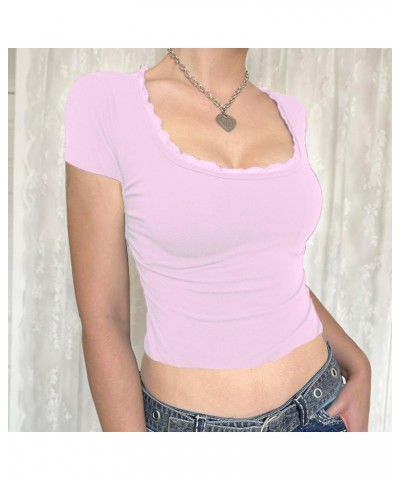 Women Y2k Crop Top Short Sleeve Summer Casual Vintage Cropped Tee Slim Fit Scoop Neck E-Girls T-Shirt Streetwear A-pink $7.53...