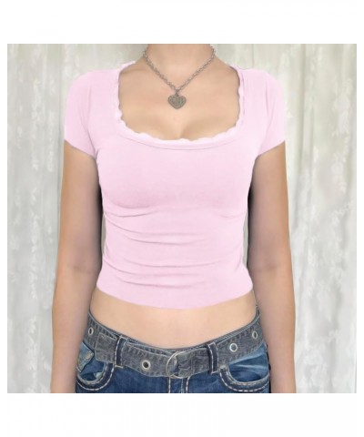 Women Y2k Crop Top Short Sleeve Summer Casual Vintage Cropped Tee Slim Fit Scoop Neck E-Girls T-Shirt Streetwear A-pink $7.53...