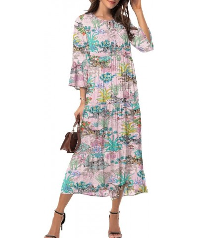 Womens 3/4 Sleeve Casual Bohemian Midi Dress Tiger Pink $28.04 Dresses