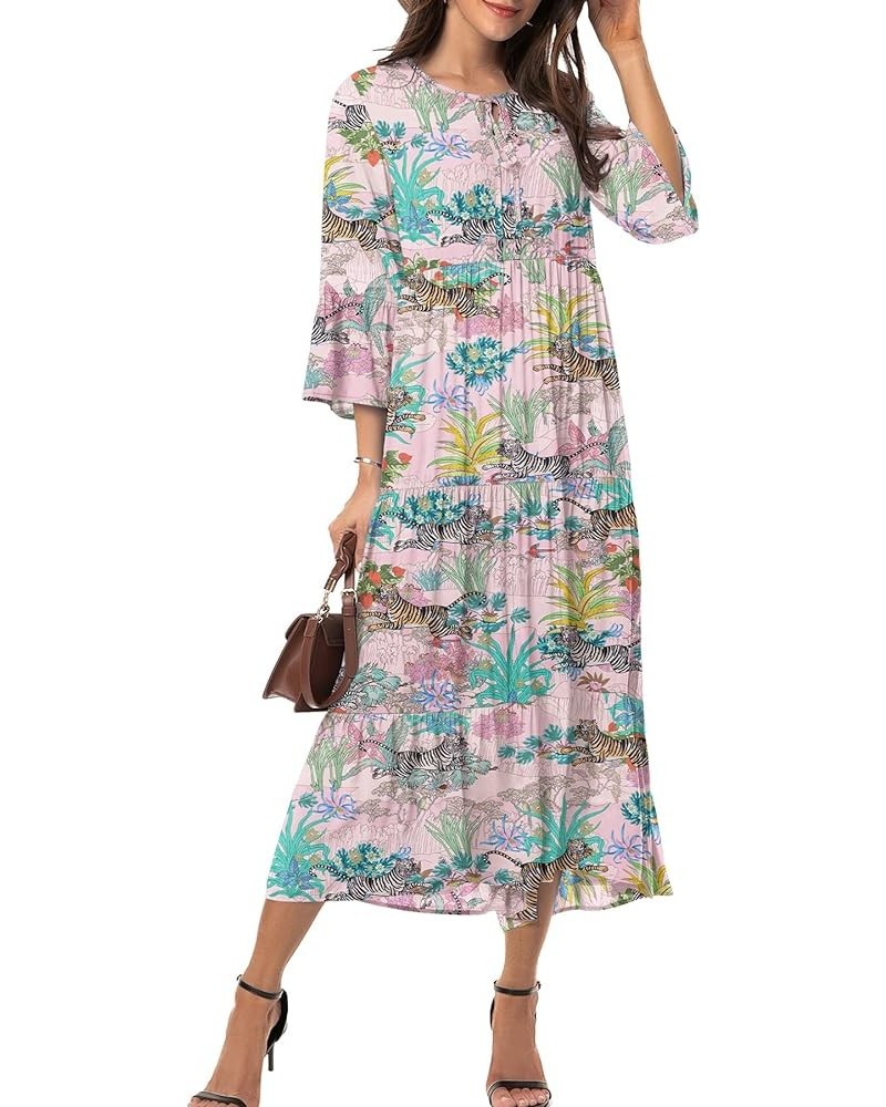 Womens 3/4 Sleeve Casual Bohemian Midi Dress Tiger Pink $28.04 Dresses