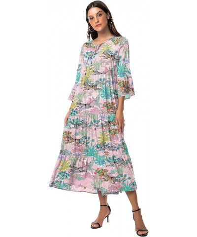 Womens 3/4 Sleeve Casual Bohemian Midi Dress Tiger Pink $28.04 Dresses