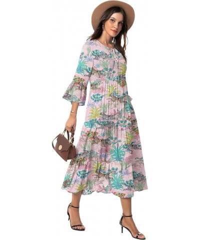 Womens 3/4 Sleeve Casual Bohemian Midi Dress Tiger Pink $28.04 Dresses