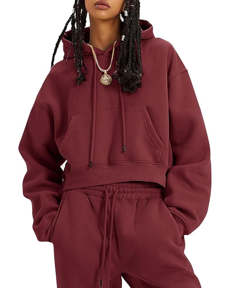 Womens Sweatsuits 2 Piece Fleece Outfits Long Sleeve Crop Hoodies Pullover Jogger Pants Casual Athletic Set Burgundy $31.31 A...