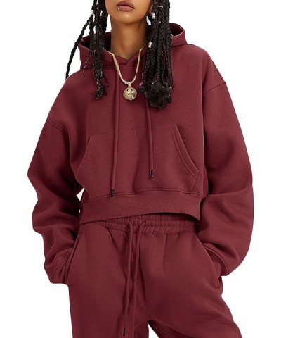 Womens Sweatsuits 2 Piece Fleece Outfits Long Sleeve Crop Hoodies Pullover Jogger Pants Casual Athletic Set Burgundy $31.31 A...