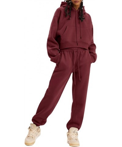 Womens Sweatsuits 2 Piece Fleece Outfits Long Sleeve Crop Hoodies Pullover Jogger Pants Casual Athletic Set Burgundy $31.31 A...