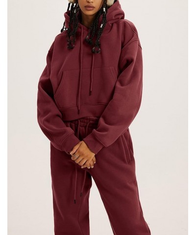 Womens Sweatsuits 2 Piece Fleece Outfits Long Sleeve Crop Hoodies Pullover Jogger Pants Casual Athletic Set Burgundy $31.31 A...