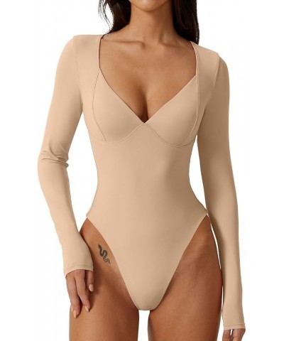 Women's Long Sleeve Bodysuit V Neck Body Suits Seamed Cup Going Out Tops Shirt Marzipan $14.28 Bodysuits