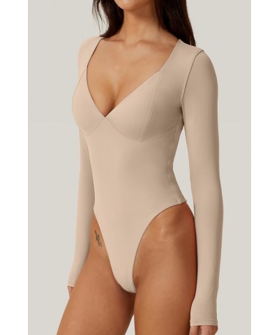 Women's Long Sleeve Bodysuit V Neck Body Suits Seamed Cup Going Out Tops Shirt Marzipan $14.28 Bodysuits