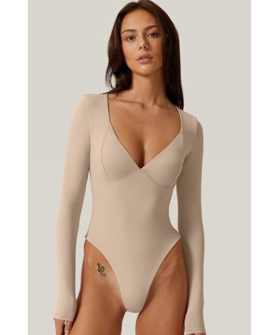 Women's Long Sleeve Bodysuit V Neck Body Suits Seamed Cup Going Out Tops Shirt Marzipan $14.28 Bodysuits