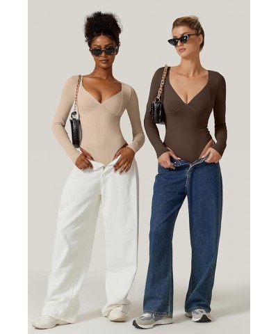 Women's Long Sleeve Bodysuit V Neck Body Suits Seamed Cup Going Out Tops Shirt Marzipan $14.28 Bodysuits