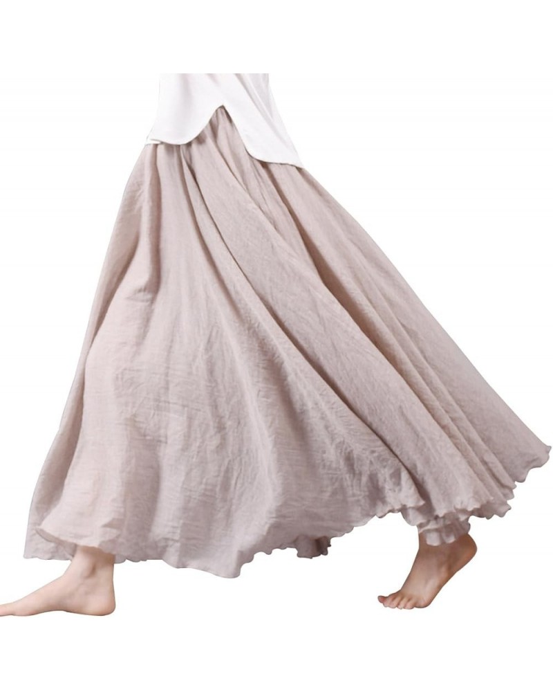 Women Bohemian Cotton Linen Double Layer Elastic Waist Long Maxi Skirt Beige $13.63 Skirts