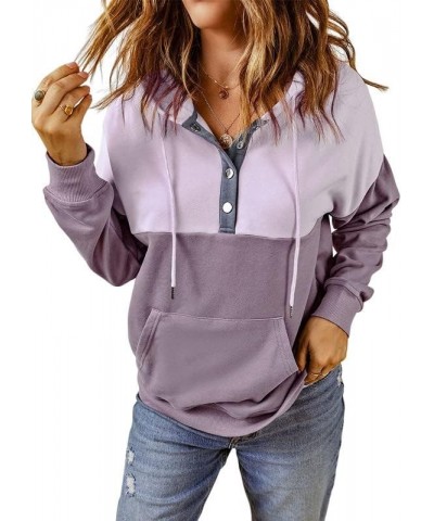 Womens 2023 Hooded Button Collar Drawstring Hoodies Pullover Sweatshirts Casual Long Sleeve Tops Shirts X0 Color Block Purple...