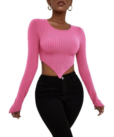 Women's Crew Neck Long Sleeve Asymmetrical Hem Ribbed Knit Tee Shirt Pullover Crop Top Hot Pink $8.24 T-Shirts