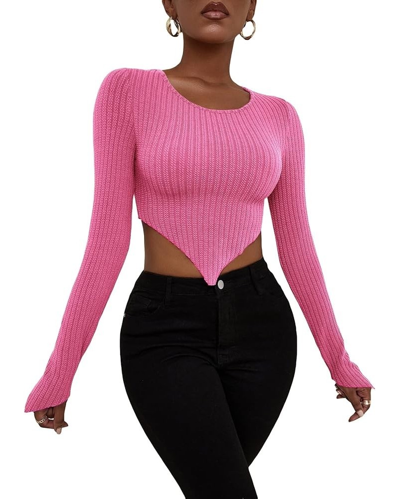 Women's Crew Neck Long Sleeve Asymmetrical Hem Ribbed Knit Tee Shirt Pullover Crop Top Hot Pink $8.24 T-Shirts