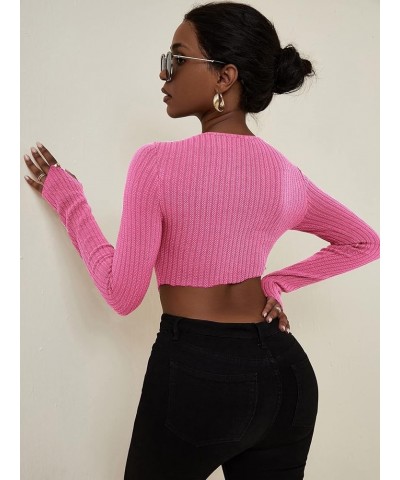 Women's Crew Neck Long Sleeve Asymmetrical Hem Ribbed Knit Tee Shirt Pullover Crop Top Hot Pink $8.24 T-Shirts