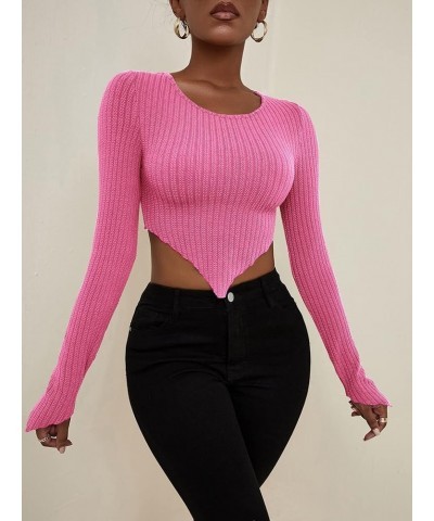 Women's Crew Neck Long Sleeve Asymmetrical Hem Ribbed Knit Tee Shirt Pullover Crop Top Hot Pink $8.24 T-Shirts