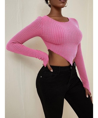 Women's Crew Neck Long Sleeve Asymmetrical Hem Ribbed Knit Tee Shirt Pullover Crop Top Hot Pink $8.24 T-Shirts