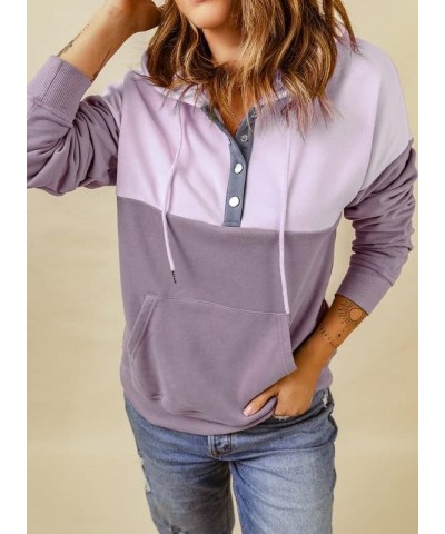 Womens 2023 Hooded Button Collar Drawstring Hoodies Pullover Sweatshirts Casual Long Sleeve Tops Shirts X0 Color Block Purple...