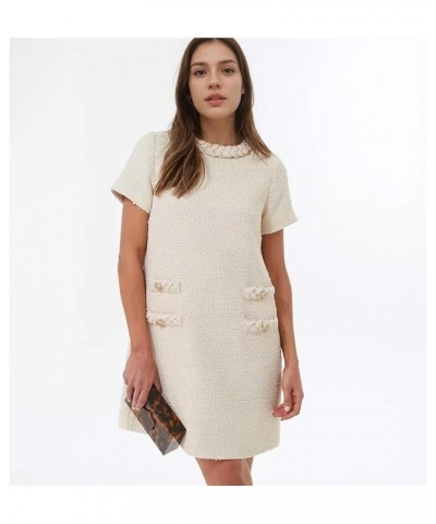 Womens Tweed Dress Elegant Vintage Short Sleeve A Line Business Mini Bodycon Skirt Casual Holiday Dresses for Women Beige $30...