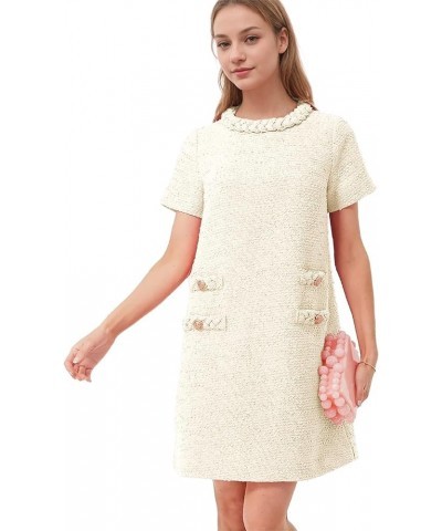 Womens Tweed Dress Elegant Vintage Short Sleeve A Line Business Mini Bodycon Skirt Casual Holiday Dresses for Women Beige $30...