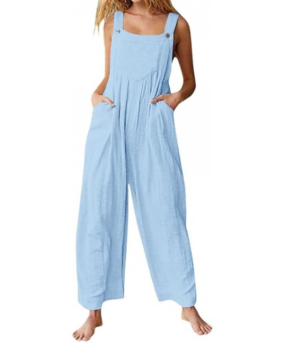 Women's Bib Overalls Solid Color Casual Wide Leg Loose Fit Jumpsuit Pleated Buttons Jumpsuits Rompers with Pockets 04-sky Blu...