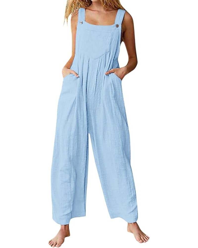 Women's Bib Overalls Solid Color Casual Wide Leg Loose Fit Jumpsuit Pleated Buttons Jumpsuits Rompers with Pockets 04-sky Blu...