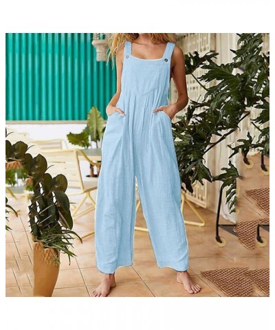 Women's Bib Overalls Solid Color Casual Wide Leg Loose Fit Jumpsuit Pleated Buttons Jumpsuits Rompers with Pockets 04-sky Blu...