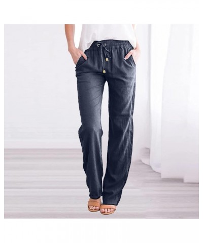 2023 Linen Pants Women Summer Straight Leg Elastic Casual Loose Trousers Drawstring Comfortable Pant with Pockets B-navy $3.5...