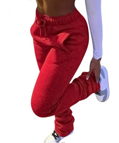 Stacked Pants Women Solid High Waist Drawstring Pleated Pants Casual Active Leggings Thick Sweatpants Trousers Red $14.74 Leg...