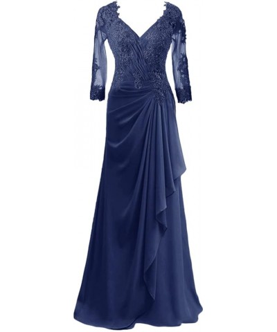 Mother of The Bride Dresses Long Evening Formal Dress Lace Applique Beaded Wedding Guest Dress Ruffle 3/4 Sleeve Women's Navy...