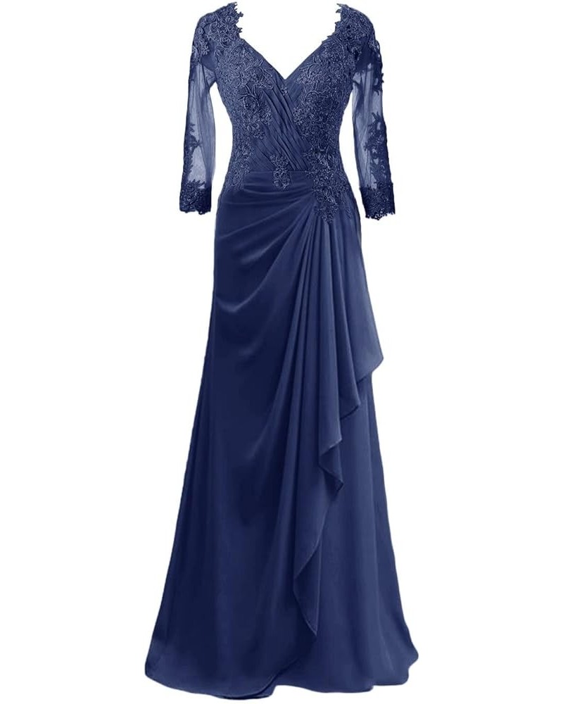 Mother of The Bride Dresses Long Evening Formal Dress Lace Applique Beaded Wedding Guest Dress Ruffle 3/4 Sleeve Women's Navy...