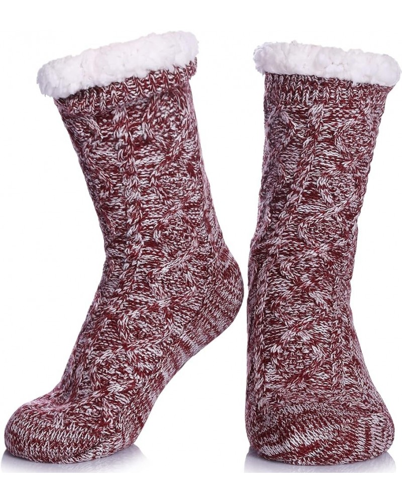 Womens Slipper Socks Winter Warm Fleece Lined Socks Cozy Soft Thick Fuzzy Non Slip Indoor Christmas Socks Wine Red Ab Rhombic...