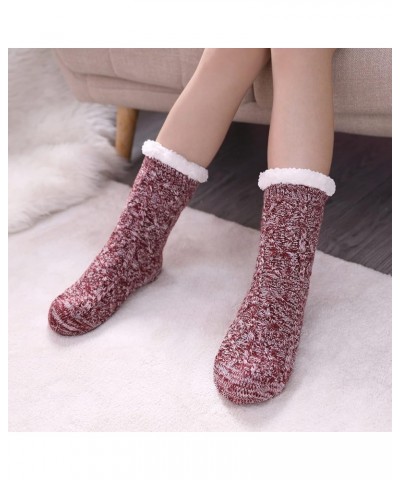 Womens Slipper Socks Winter Warm Fleece Lined Socks Cozy Soft Thick Fuzzy Non Slip Indoor Christmas Socks Wine Red Ab Rhombic...