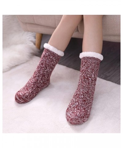 Womens Slipper Socks Winter Warm Fleece Lined Socks Cozy Soft Thick Fuzzy Non Slip Indoor Christmas Socks Wine Red Ab Rhombic...