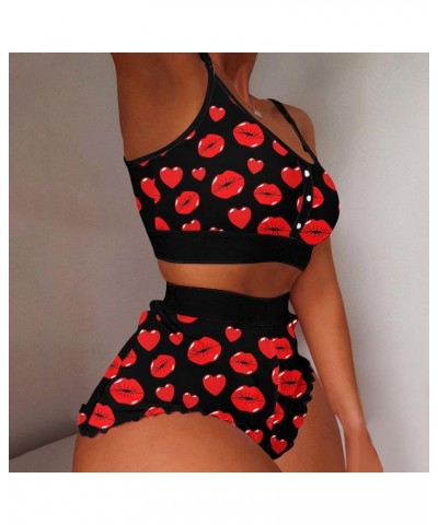 Valentine Pajamas For Women Soft Heart Print Camis Tops Shorts Set Ruffled Two Pieces Sleepwear Lounge Outfits Pjs Z1123cblac...