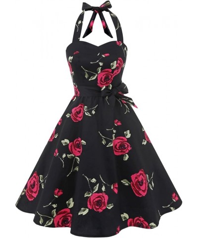 Women'sVintage Polka Audrey Dress 1950s Halter Retro Cocktail Dress Black/Fuchisa Rose $21.27 Dresses