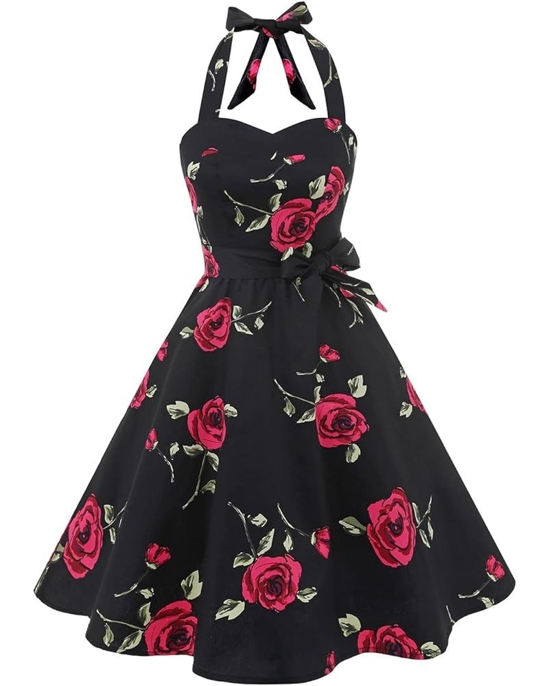 Women'sVintage Polka Audrey Dress 1950s Halter Retro Cocktail Dress Black/Fuchisa Rose $21.27 Dresses