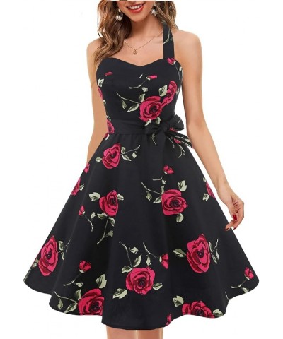 Women'sVintage Polka Audrey Dress 1950s Halter Retro Cocktail Dress Black/Fuchisa Rose $21.27 Dresses