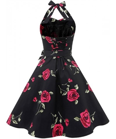 Women'sVintage Polka Audrey Dress 1950s Halter Retro Cocktail Dress Black/Fuchisa Rose $21.27 Dresses