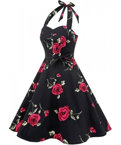 Women'sVintage Polka Audrey Dress 1950s Halter Retro Cocktail Dress Black/Fuchisa Rose $21.27 Dresses