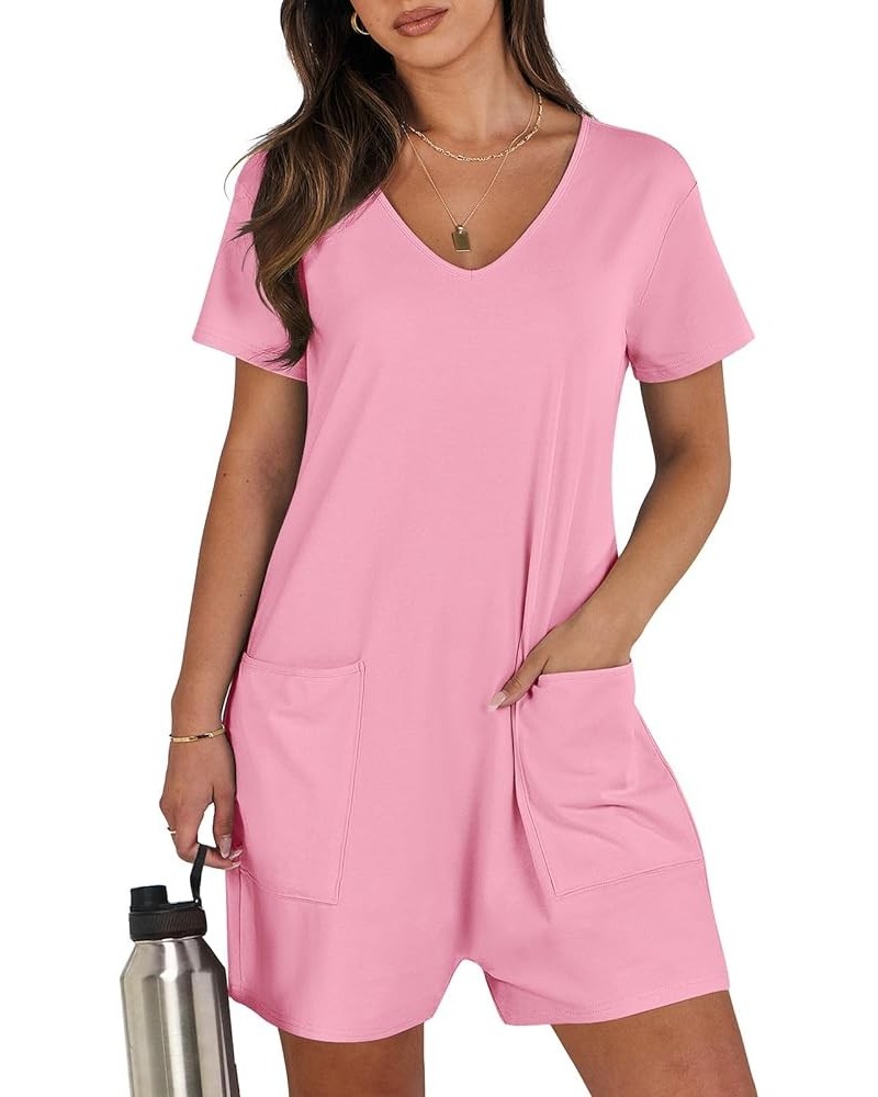 Women's Summer Casual Loose Short Sleeve V Neck Rompers One Piece Rompers Jumpsuit Outfits with Pockets Pink $13.74 Rompers