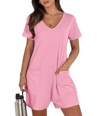 Women's Summer Casual Loose Short Sleeve V Neck Rompers One Piece Rompers Jumpsuit Outfits with Pockets Pink $13.74 Rompers