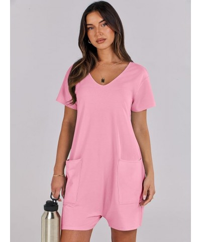 Women's Summer Casual Loose Short Sleeve V Neck Rompers One Piece Rompers Jumpsuit Outfits with Pockets Pink $13.74 Rompers