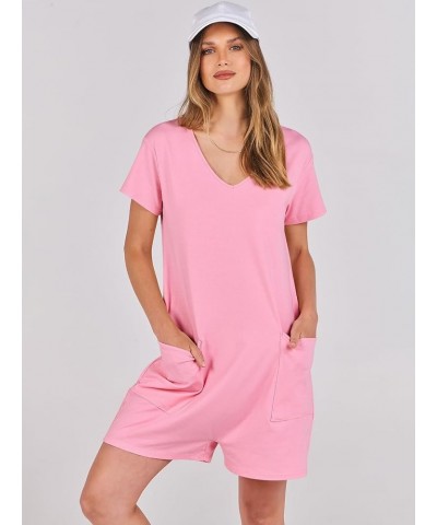 Women's Summer Casual Loose Short Sleeve V Neck Rompers One Piece Rompers Jumpsuit Outfits with Pockets Pink $13.74 Rompers