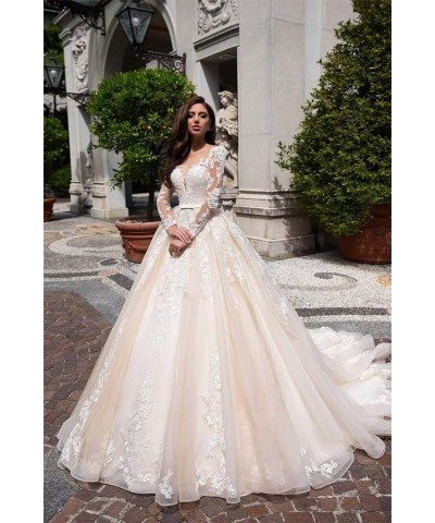 2024 Luxury Ball Gown Wedding Dresses for Bride Long Sleeve V Neck A Line Bridal Gowns Lace Appliques with Train Style1 Ivory...