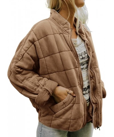 Women's Baggy Puffer Jacket Oversized Lightweight Padded Quilted Jacket Y2k Winter Warm Stand Collor Zipper Coat Light Brown ...