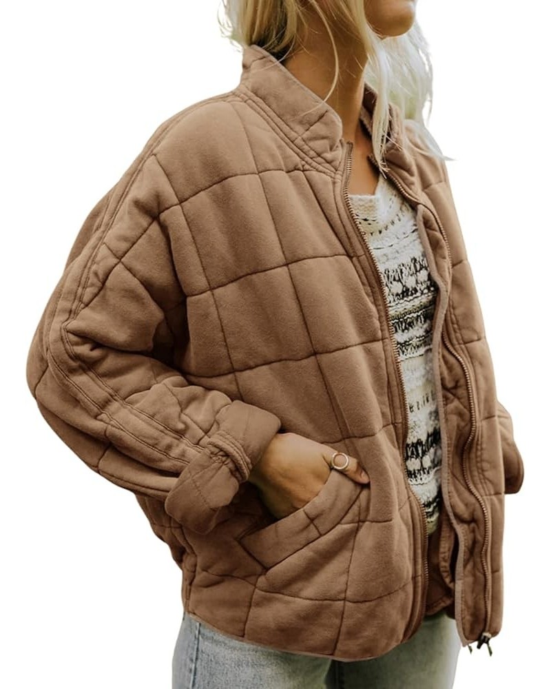 Women's Baggy Puffer Jacket Oversized Lightweight Padded Quilted Jacket Y2k Winter Warm Stand Collor Zipper Coat Light Brown ...