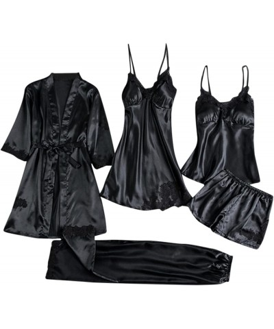 Womens 4PCS Silk Pajama Set Sexy Matching Satin Night Gowns Cute Lingerie Silky Sleepwear New Year Eve S-5XL Z-h-1-black Prim...